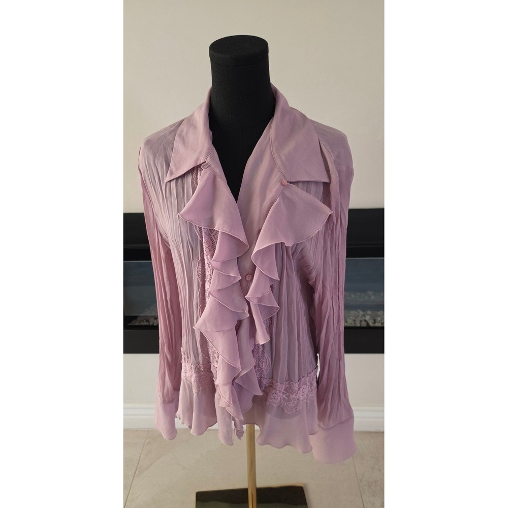 VTG Boho White Stag Lavender Rose Crinkle Ruffle Blouse Lace Trim XL 16/18 - Picture 2 of 9